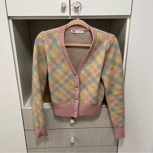 Pastel Colored Plaid/Argyle Cardigan with Jewel Buttons
